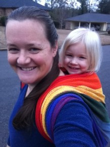 Wearing my youngest in one of my handwoven wraps. 